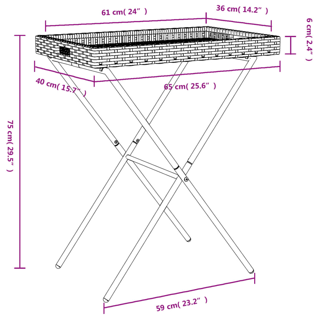 Black Folding Tray Table 65x40x75 cm in Polyrattan