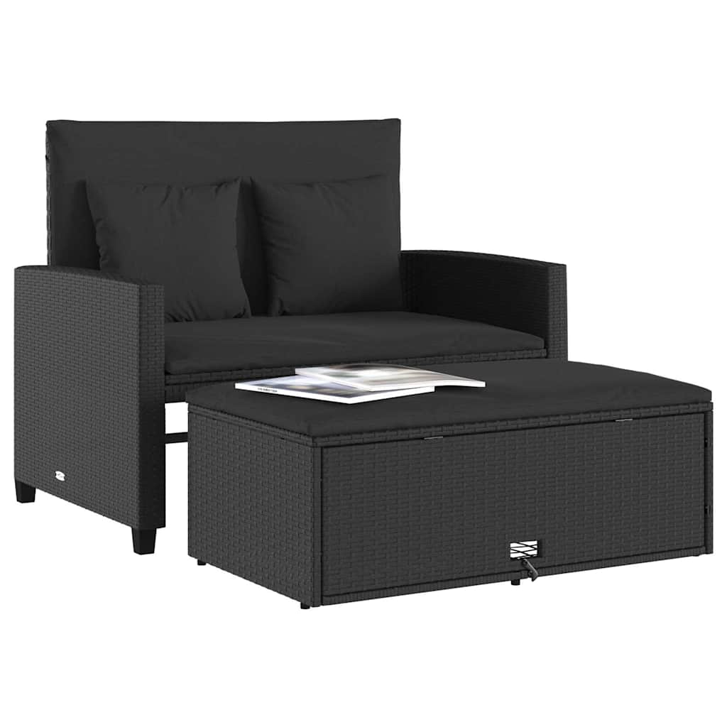 Divano da Giardino con Cuscini a 2 Posti Nero in Polyrattan