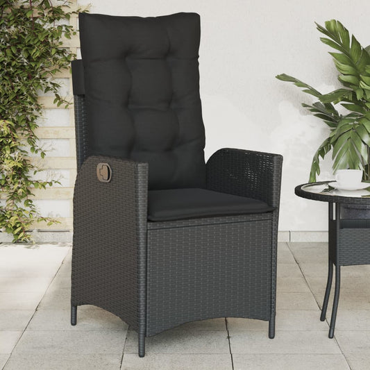 Reclining Garden Chair with Cushions Black in Polyrattan