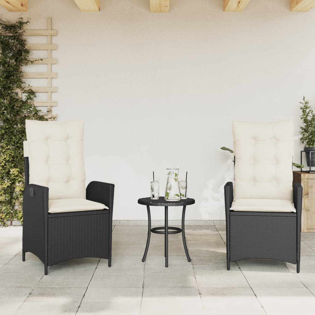 Reclining Garden Chairs 2 pcs with Black Polyrattan Cushions