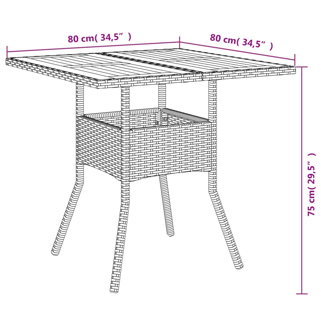 Garden Table Black Acacia Wood Top 80x80x75 cm Polyrattan