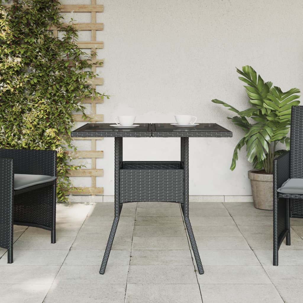 Garden Table Black Glass Top 80x80x75 cm Polyrattan