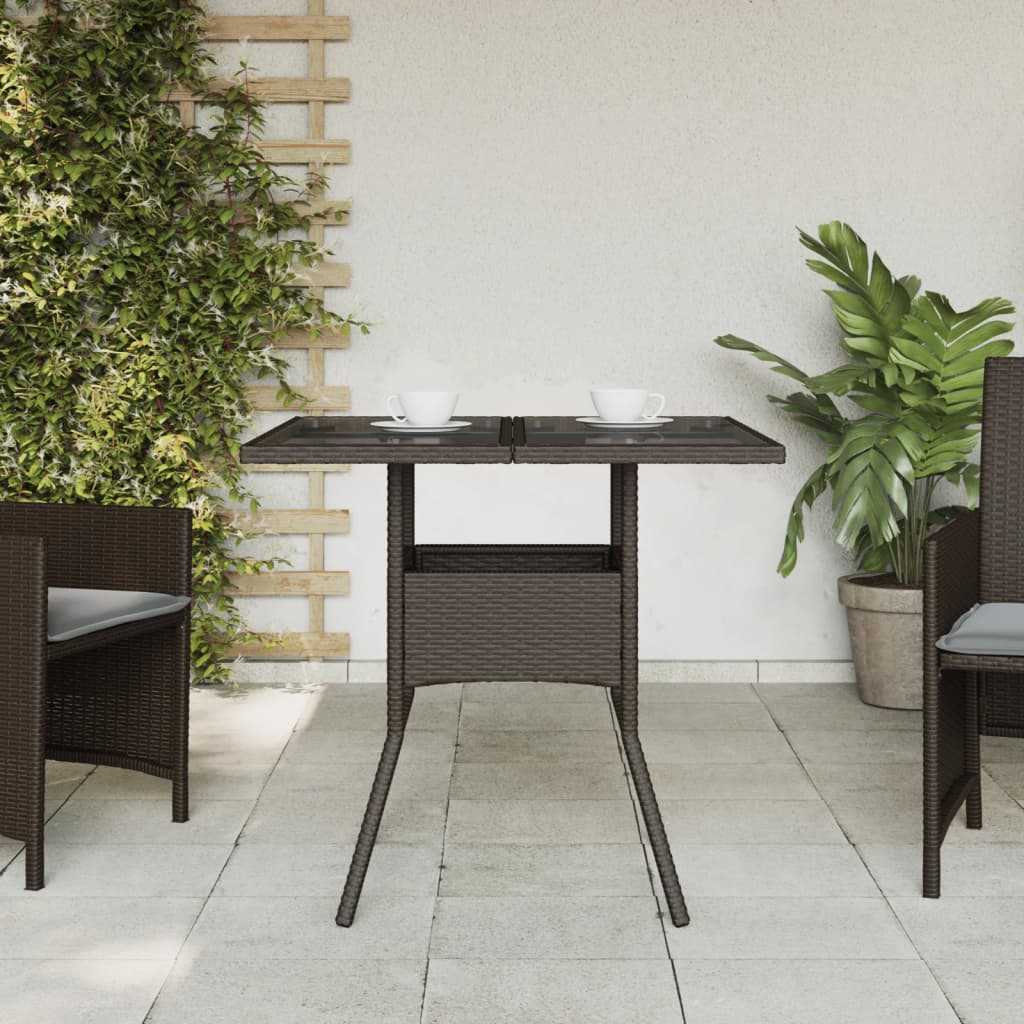 Garden Table Brown Glass Top 80x80x75 cm Polyrattan