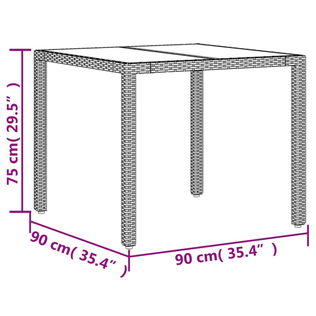 Tavolo da Giardino Piano in Vetro Nero 90x90x75 cm Polyrattan