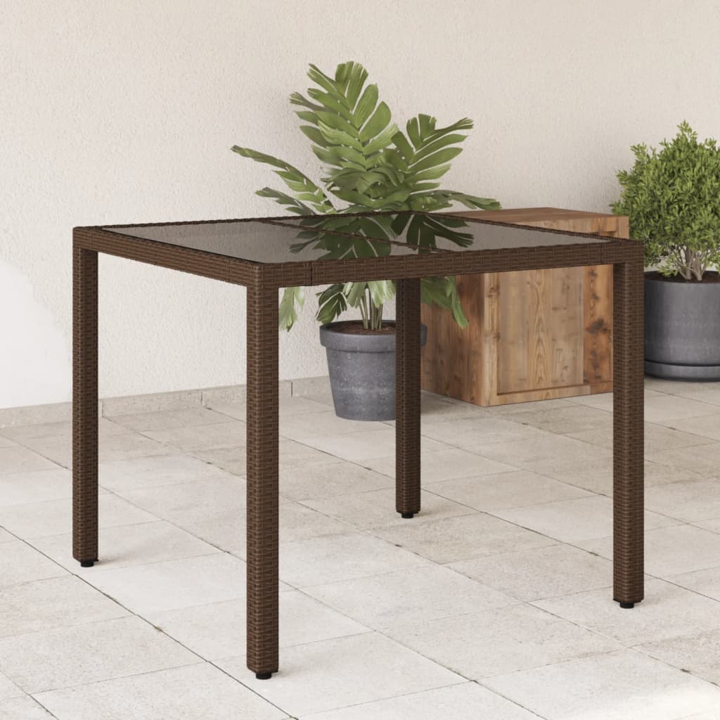 Garden Table Brown Glass Top 90x90x75cm Polyrattan