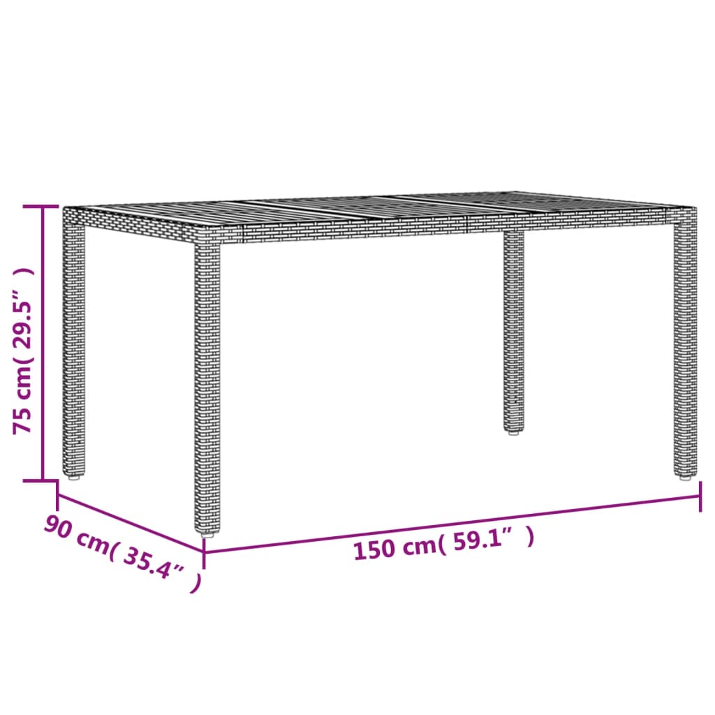 Garden Table Gray Acacia Wood Top 150x90x75 Polyrattan