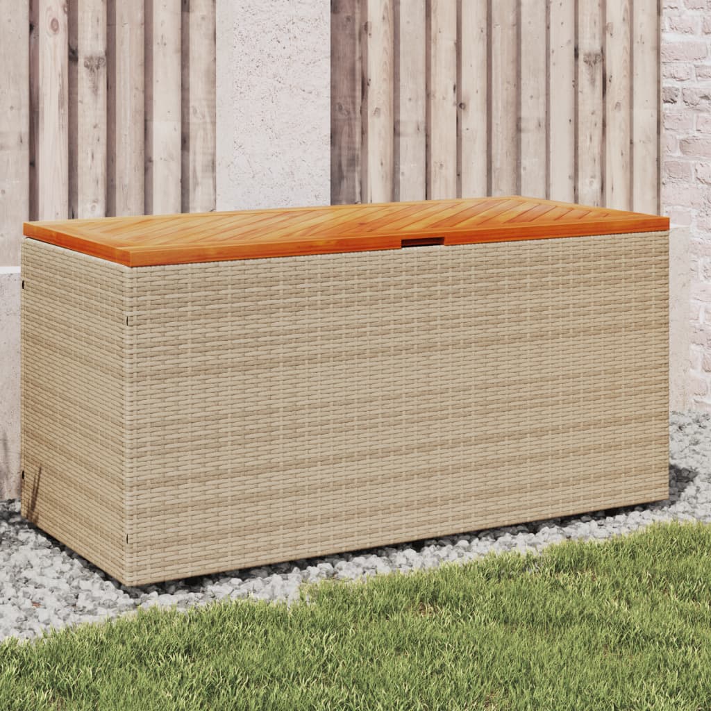 Beigefarbener Gartenbehälter 110x50x54 cm aus Polyrattan und Akazie