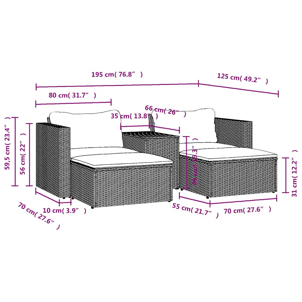 Set Divani da Giardino 5 pz con Cuscini Nero Polyrattan Acacia | homemem39