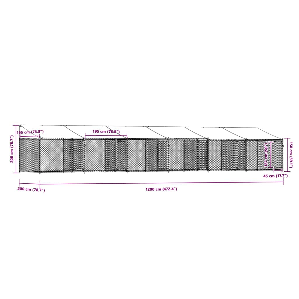Gabbia Cani con Tetto e Porte Grigia 12x2x2 m Acciaio Zincato | homemem39
