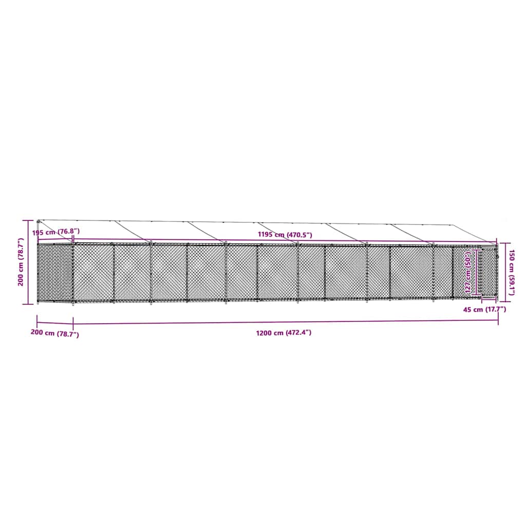 Gabbia Cani con Tetto e Porta Grigia 12x2x2 m Acciaio Zincato | homemem39