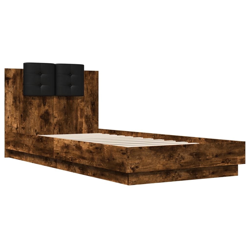 Bed frame with headboard and LED Smoked Oak 100x200 cm