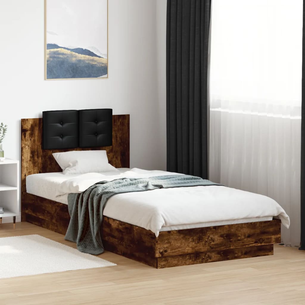 Bed frame with headboard and LED Smoked Oak 100x200 cm