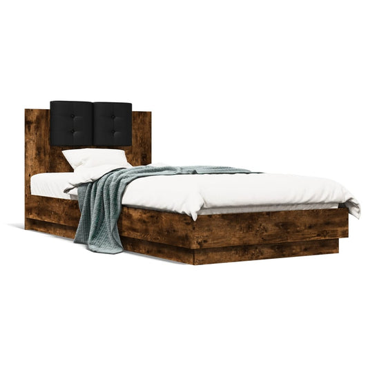 Bed frame with headboard and LED Smoked Oak 100x200 cm