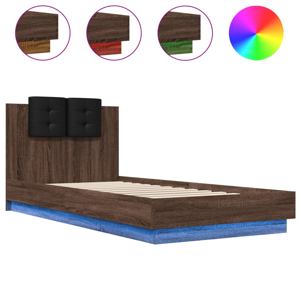 Bed frame with headboard and LED Brown Oak 100x200 cm