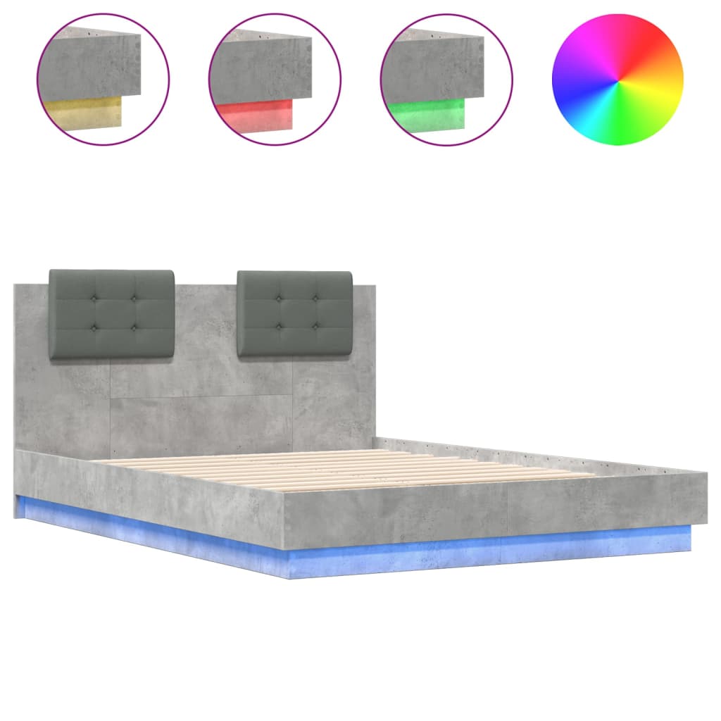 Cement Gray Bed Frame with Headboard and LED 140x190 cm