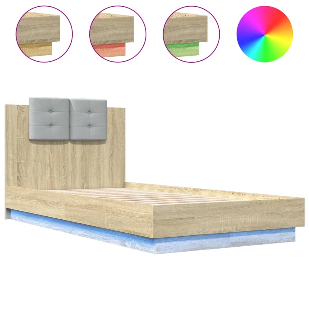 Bed frame with headboard and LED Sonoma oak 75x190 cm