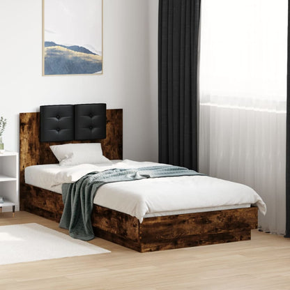 Bed frame with headboard and LED Smoked Oak 75x190 cm