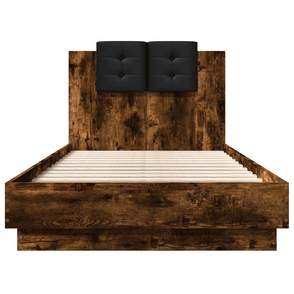 Bed frame with headboard and LED Smoked Oak 75x190 cm