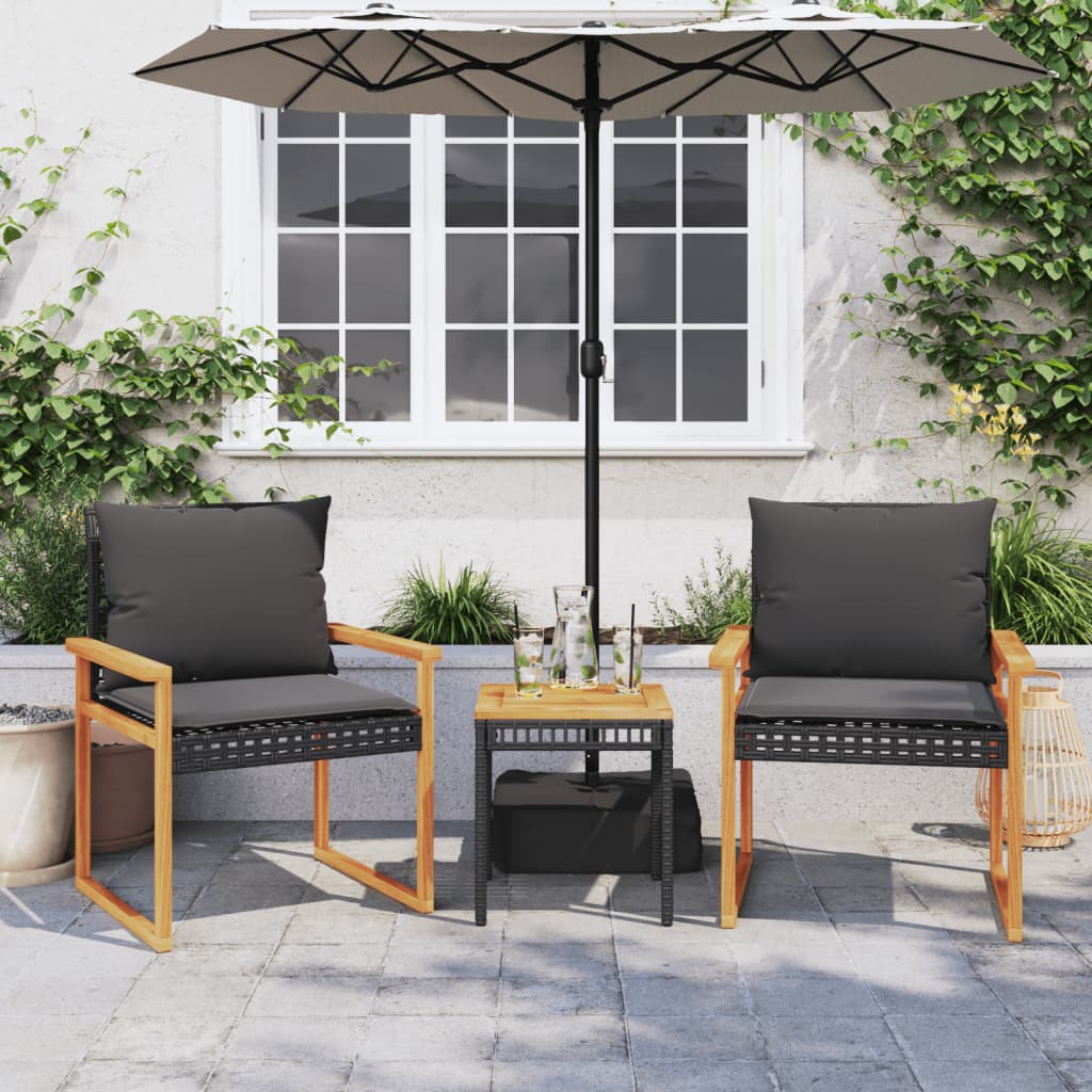 Set da Bistrò 3 pz con Cuscini Nero Polyrattan e Legno Acacia - homemem39