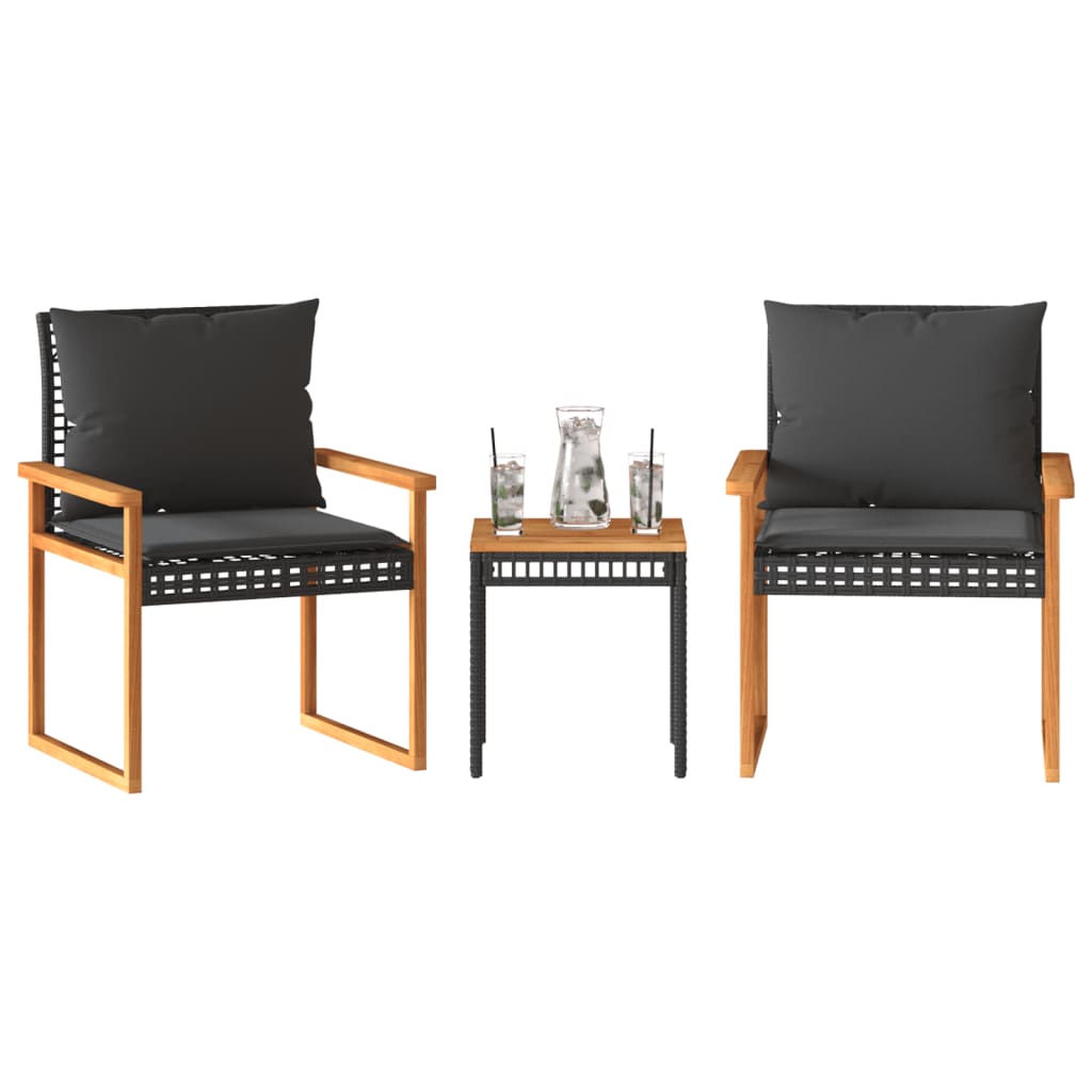 Set da Bistrò 3 pz con Cuscini Nero Polyrattan e Legno Acacia - homemem39