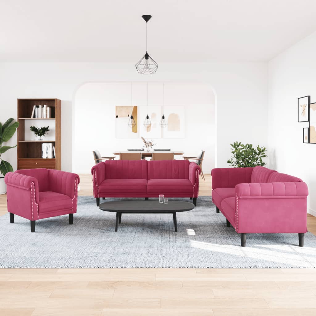 Set di Divani 3 pz Rosso Vino in Velluto | homemem39