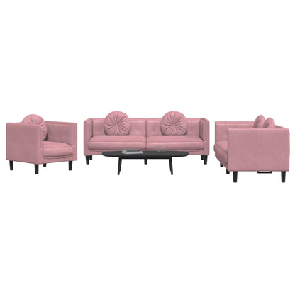 Set di Divani 3 pz con Cuscini Rosa in Velluto