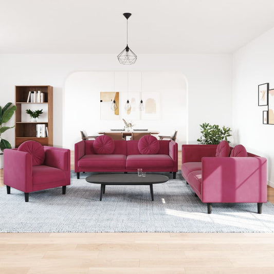 3-piece Sofa Set with Wine Red Velvet Cushions