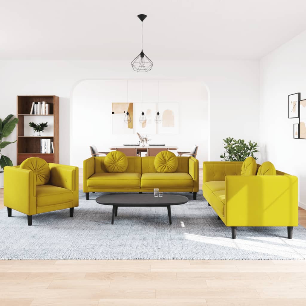 Set di Divani 3 pz con Cuscini Giallo in Velluto - homemem39
