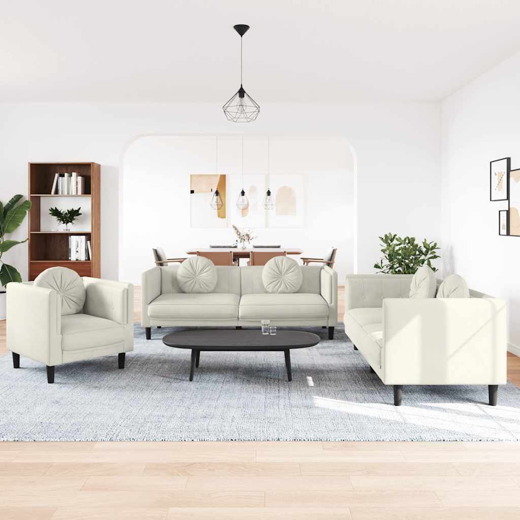 Set di Divani 3 pz con Cuscini Crema in Velluto | homemem39