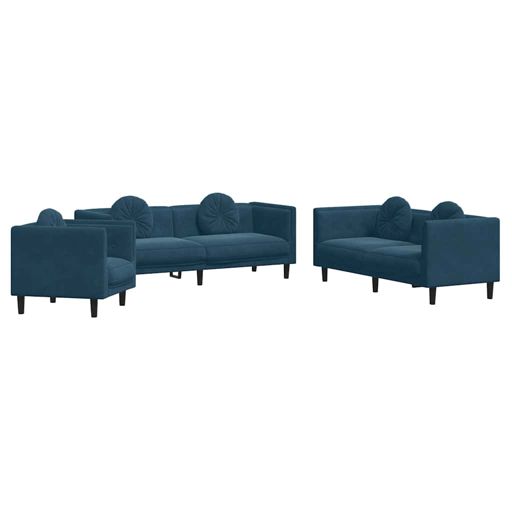 Set di Divani 3 pz con Cuscini Blu in Velluto | homemem39