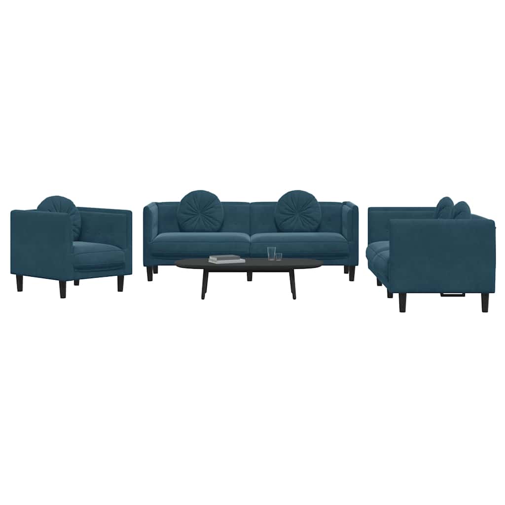 Set di Divani 3 pz con Cuscini Blu in Velluto