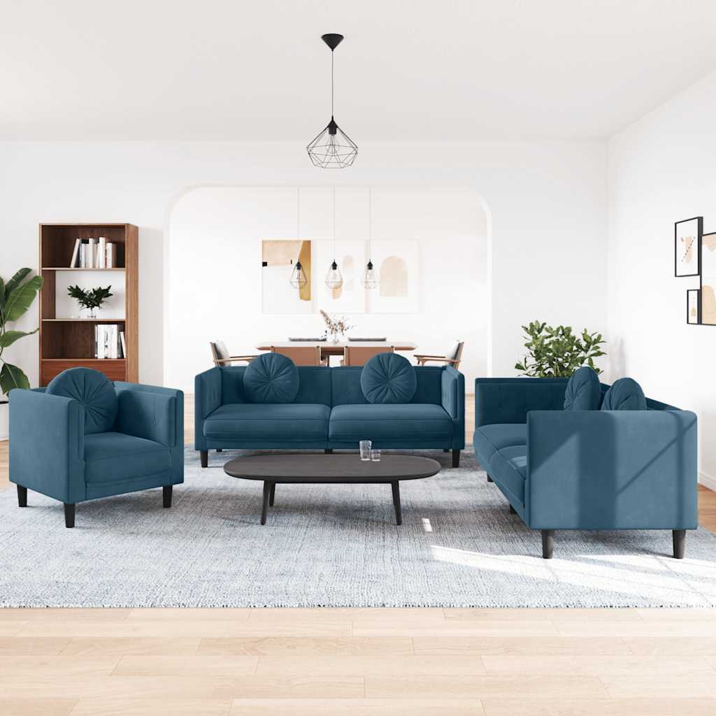 Set di Divani 3 pz con Cuscini Blu in Velluto | homemem39