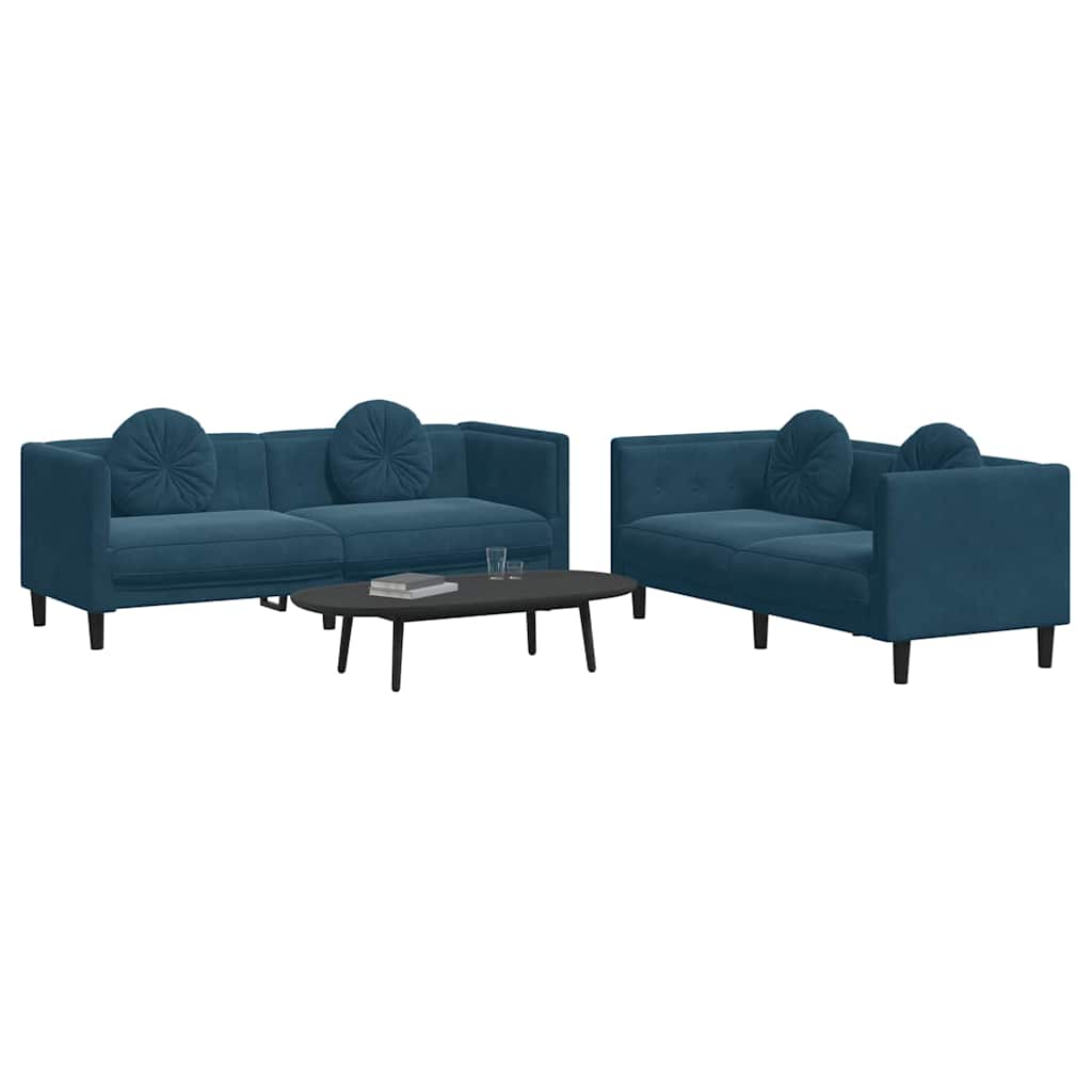 Set di Divani 2 pz con Cuscini Blu in Velluto
