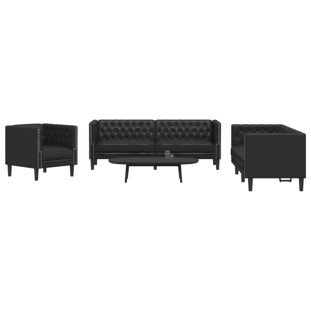 Set Divani Chesterfield 3pz Nero in Similpelle - homemem39