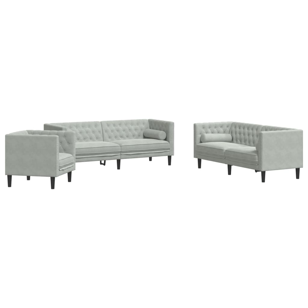 Set Divani Chesterfield 3pz con Cuscini Grigio Chiaro Velluto | homemem39