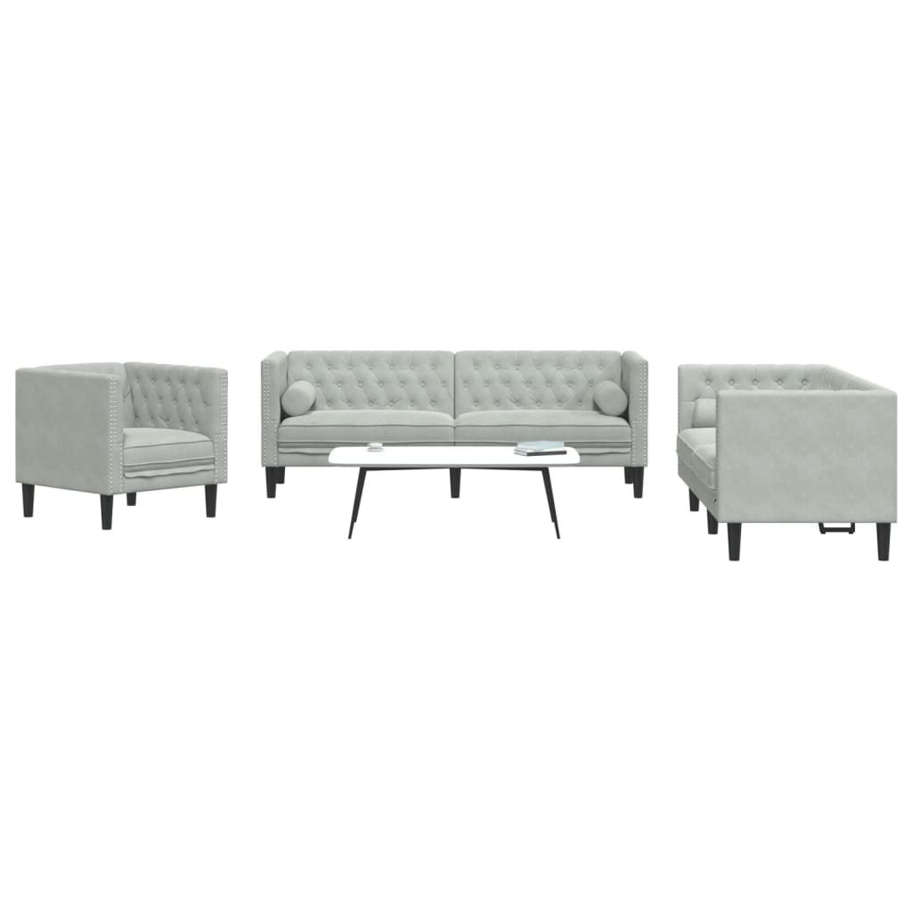 Set Divani Chesterfield 3pz con Cuscini Grigio Chiaro Velluto | homemem39
