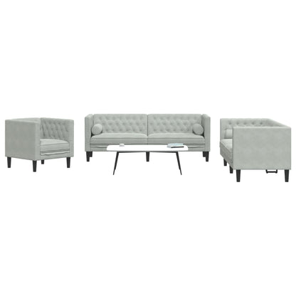 Set Divani Chesterfield 3pz con Cuscini Grigio Chiaro Velluto - homemem39