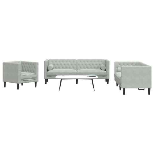 Set Divani Chesterfield 3pz con Cuscini Grigio Chiaro Velluto - homemem39