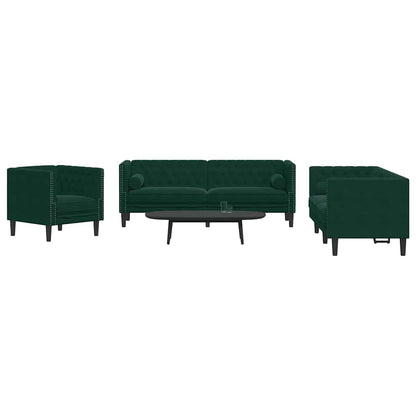 Set Divani Chesterfield 3pz con Cuscini Verde Scuro Velluto