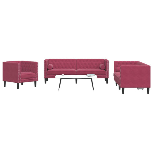 Set Divani Chesterfield 3pz con Cuscini Rosso Vino Velluto | homemem39