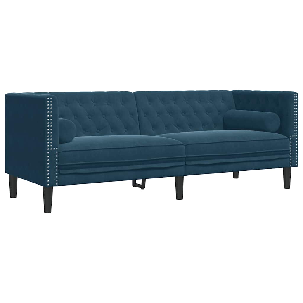 Set Divani Chesterfield 3pz con Cuscini Blu Velluto