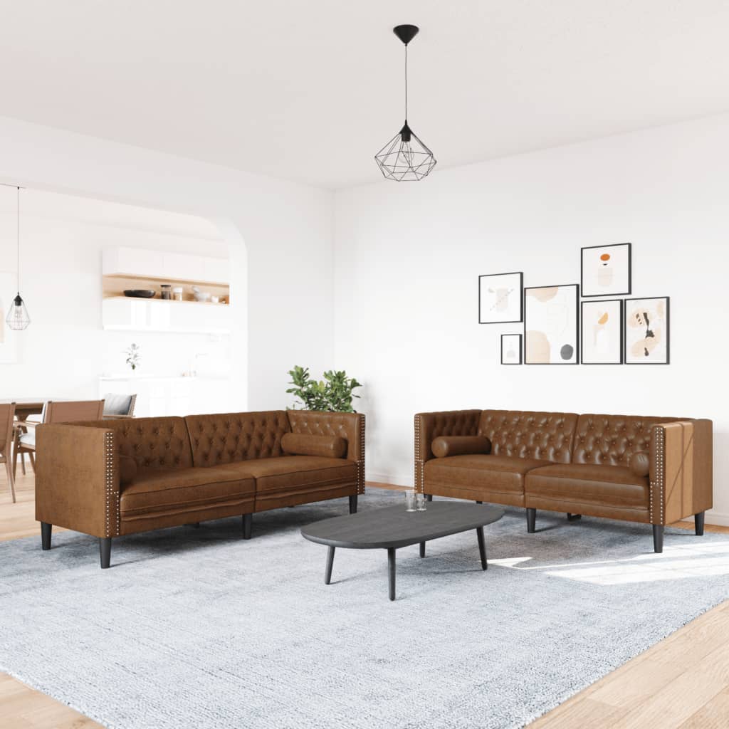 Divani Chesterfield 2pz Cuscini Marrone Similpelle Scamosciata | homemem39
