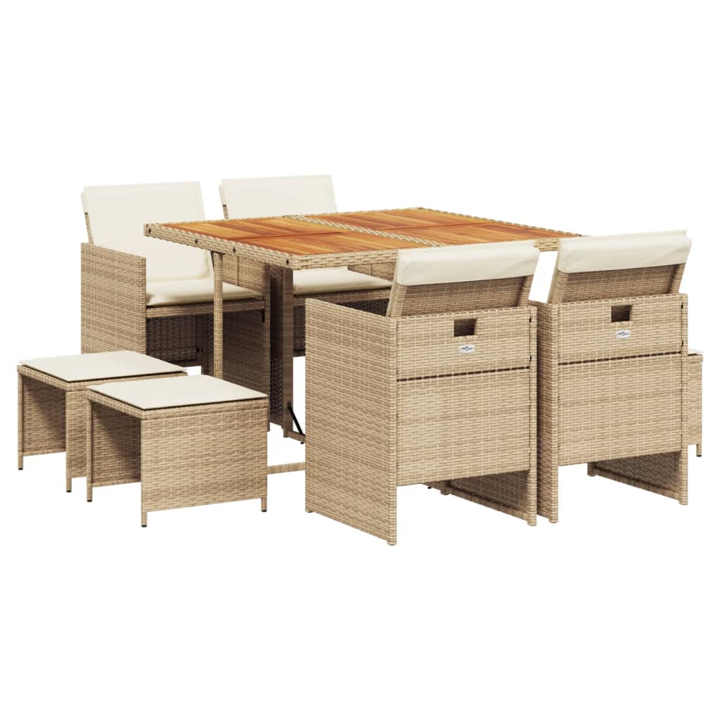 Set da Pranzo da Giardino 9 pz con Cuscini Beige in Polyrattan