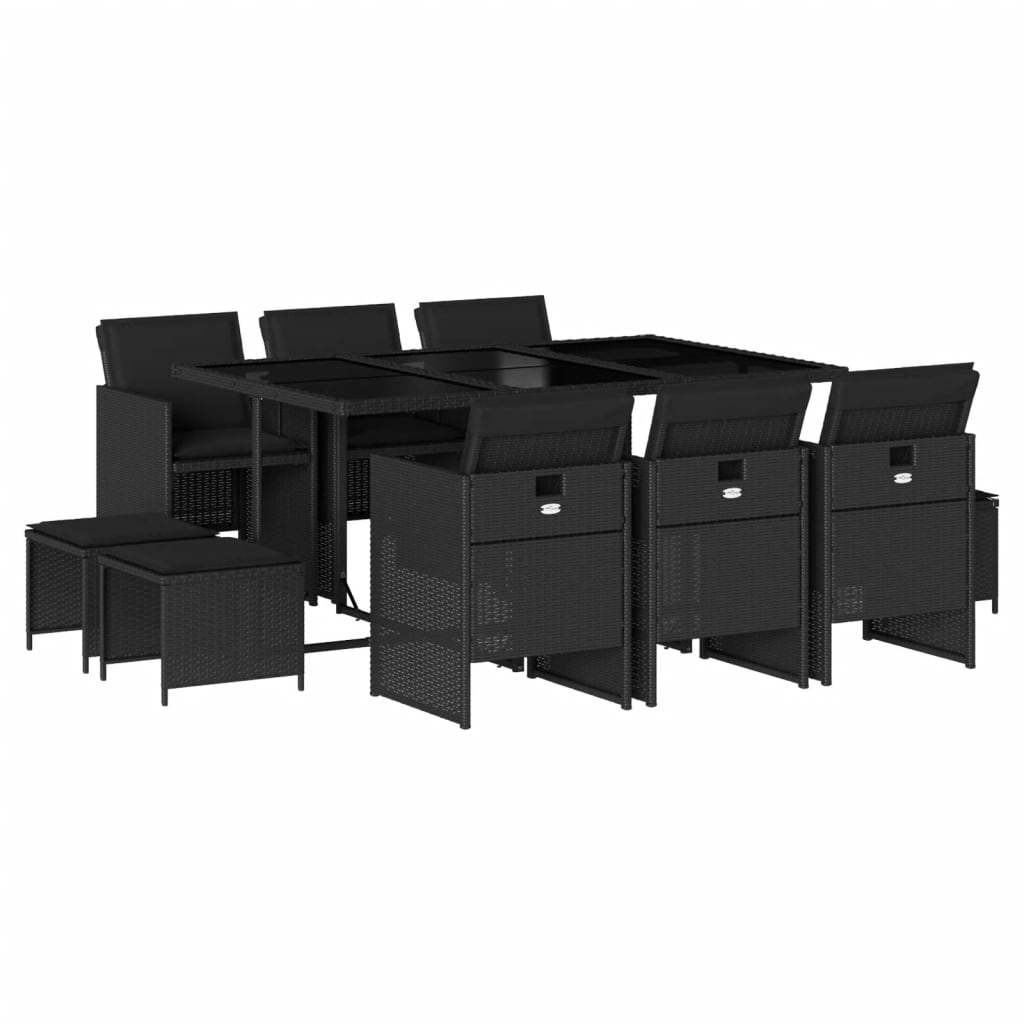 Set da Pranzo da Giardino 11 pz con Cuscini in Polyrattan Nero