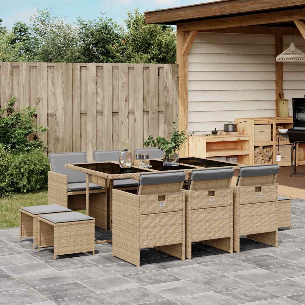 Set Pranzo da Giardino 11 pz con Cuscini Beige Misto Polyrattan