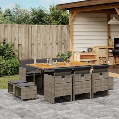 Set da Pranzo da Giardino 11pz con Cuscini in Polyrattan Grigio