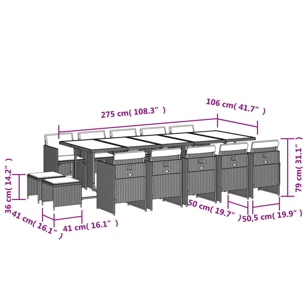 Set da Pranzo da Giardino 15 pz con Cuscini Nero in Polyrattan