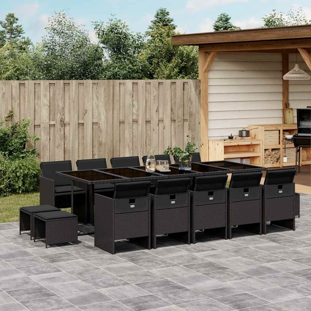 Set da Pranzo da Giardino 15 pz con Cuscini Nero in Polyrattan