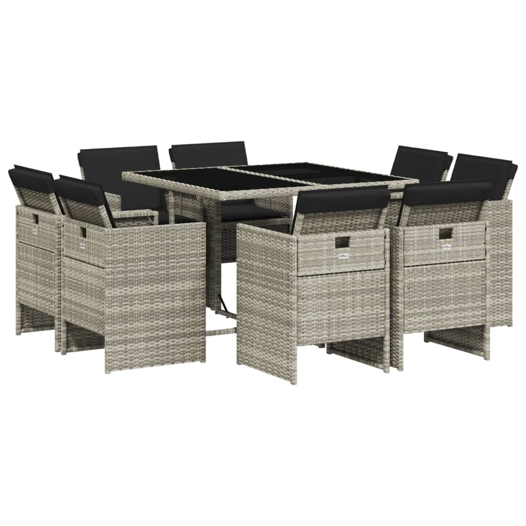 Set Pranzo da Giardino 9pz con Cuscini Grigio Chiaro Polyrattan - homemem39