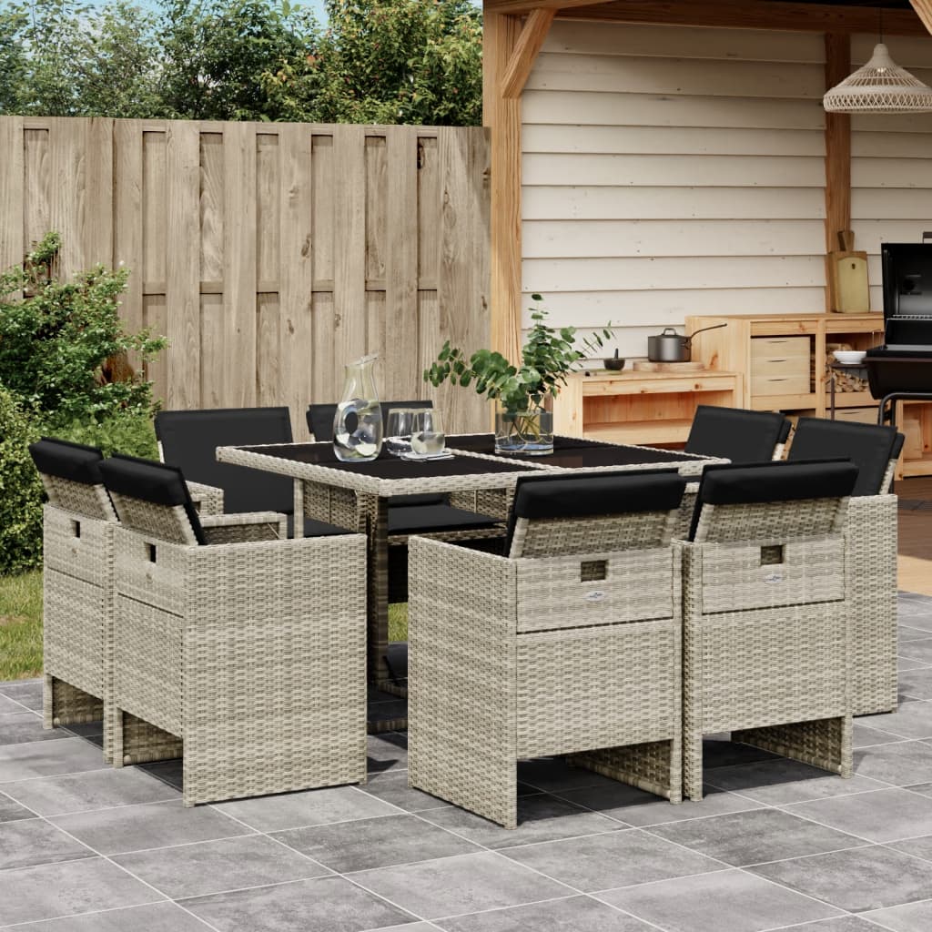 Set Pranzo da Giardino 9pz con Cuscini Grigio Chiaro Polyrattan - homemem39
